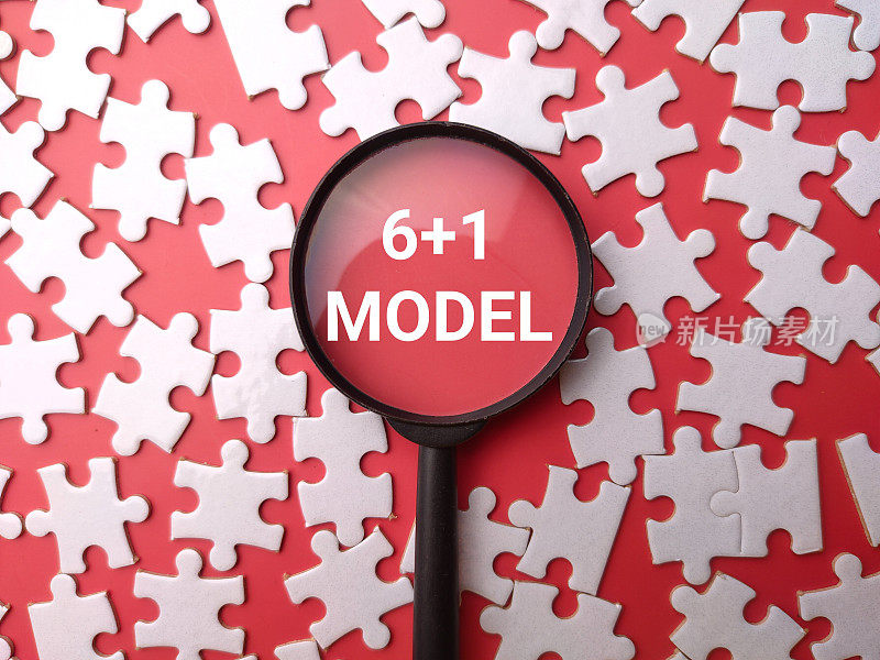 Magnifying glass and white puzzle with the word 6 plus 1 Model on a red background
